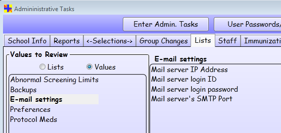 Administrative Tasks > Lists tab