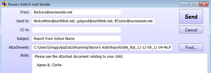 Nurse's Aide E-mail Sender form